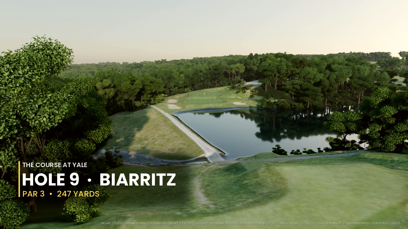 Rendered view from the 9th tee at Yale across a pond, with a hole title card reading Hole 9, Biarritz, par 3, 247 yards
