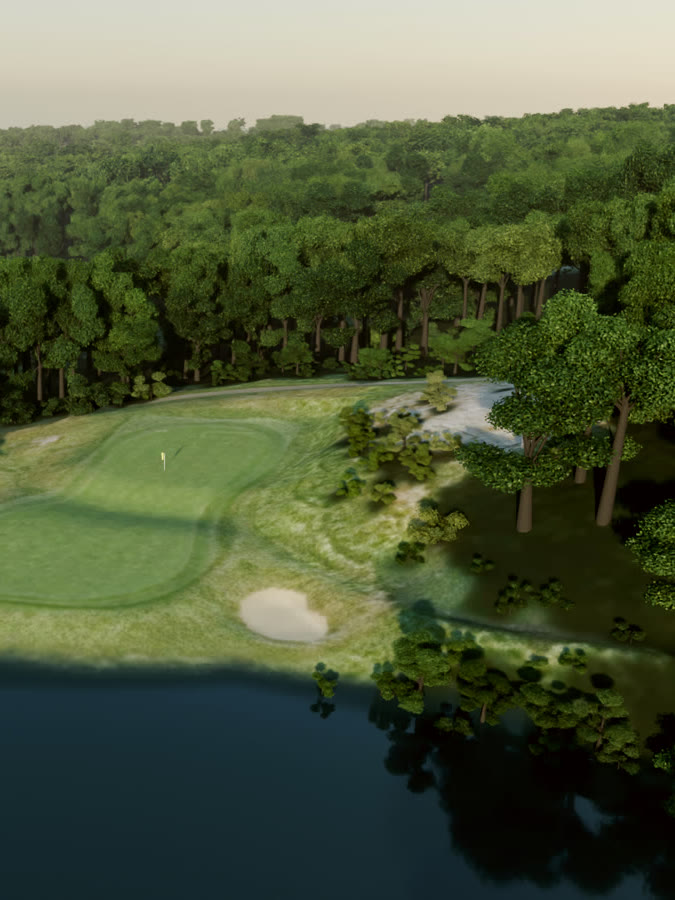 Rendered view of the 9th green at Yale, bunkers around it and a pond in front
