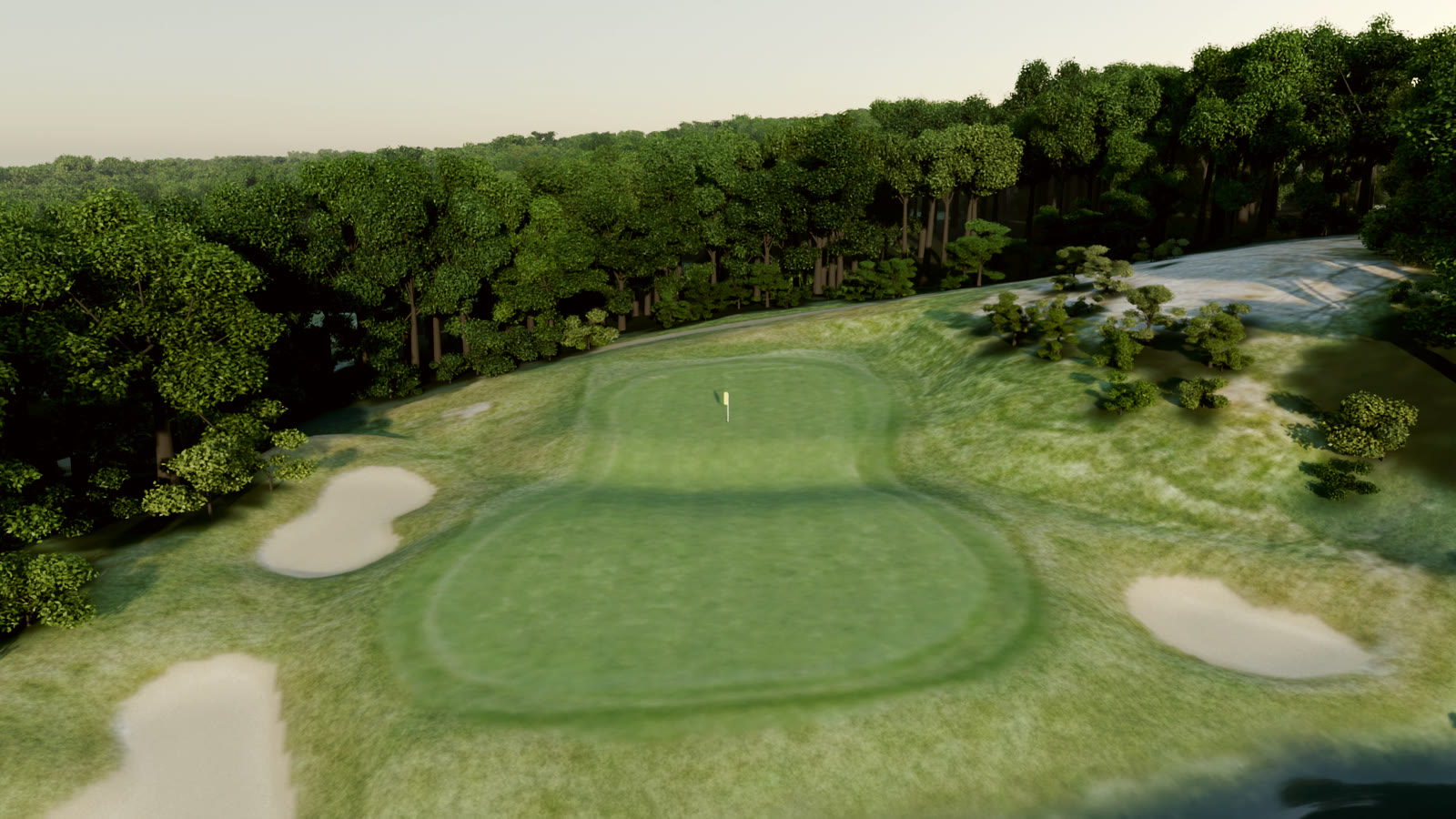 Rendered view of a long green with a deep swale, bunkers on both sides