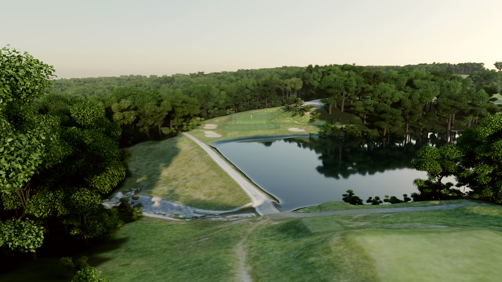 Rendered view from behind the 9th tee at Yale, across a pond